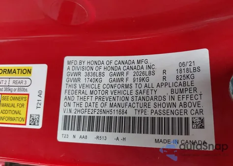 2022 Honda Civic Lx z USA, uszkodzony, nr VIN 2HGFE2F26NH511684